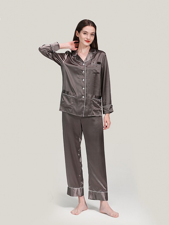 22 Momme Luxus Maulbeerseides Langes Pyjama Set für Damen Schlafanzug aus Seide A020