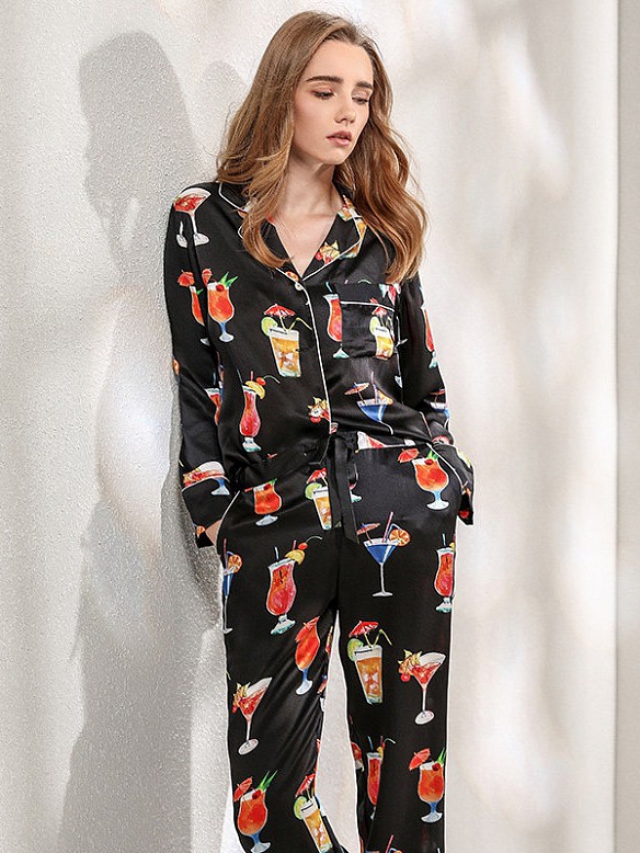 Langes Geblümtes Pyjama Set aus Seide Luxus Seidenpyjama für Damen A017