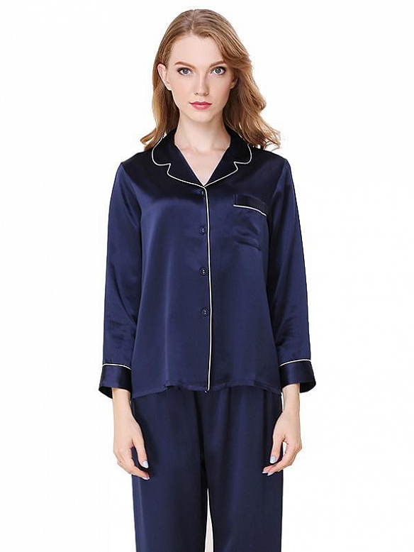 Langes Klassisches Pyjama-Set aus Seide für Damen Seidenpyjama Nachtwäsche aus Seide (mehrfarbig) A002