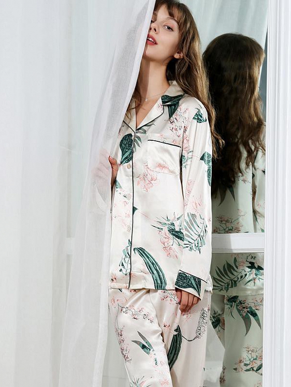 19 Momme Langes Geblümtes Pyjama-Set aus Seide für Damen Luxus Nachtwäsche aus Seide A003