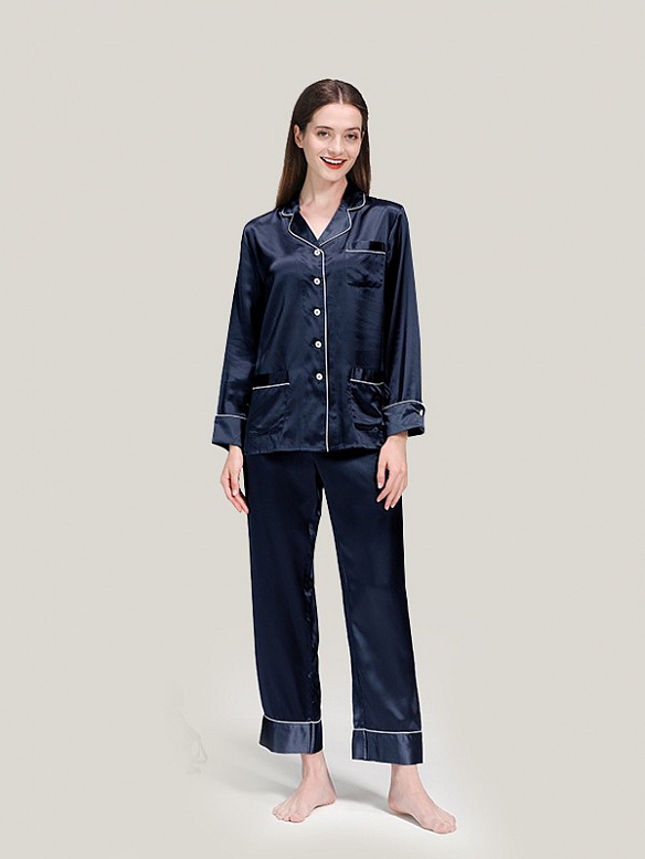 22 Momme Luxus Maulbeerseides Langes Pyjama Set für Damen Schlafanzug aus Seide A020