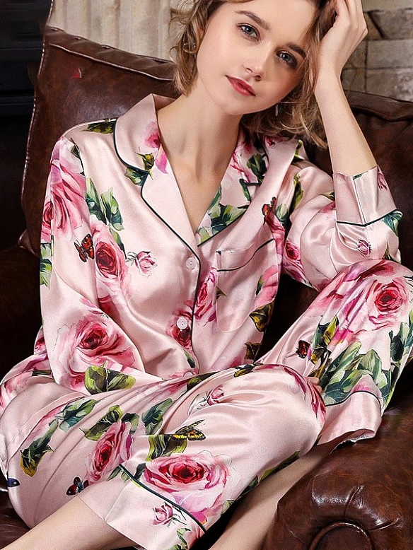 19 Momme Langes Geblümtes Pyjama-Set aus Seide für Damen Luxus Nachtwäsche aus Seide A010
