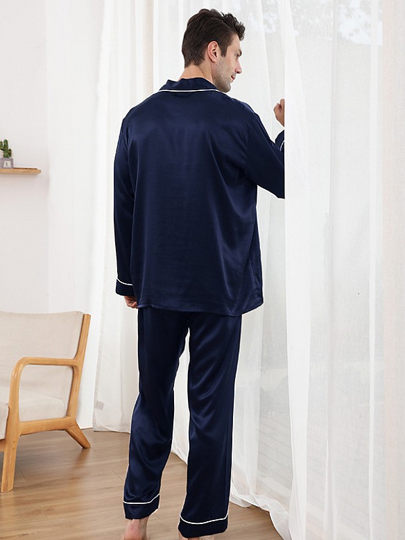 Langes Klassisches Pyjama Set aus Seide für Herren 19 Momme Maulbeerseide Pyjama E002