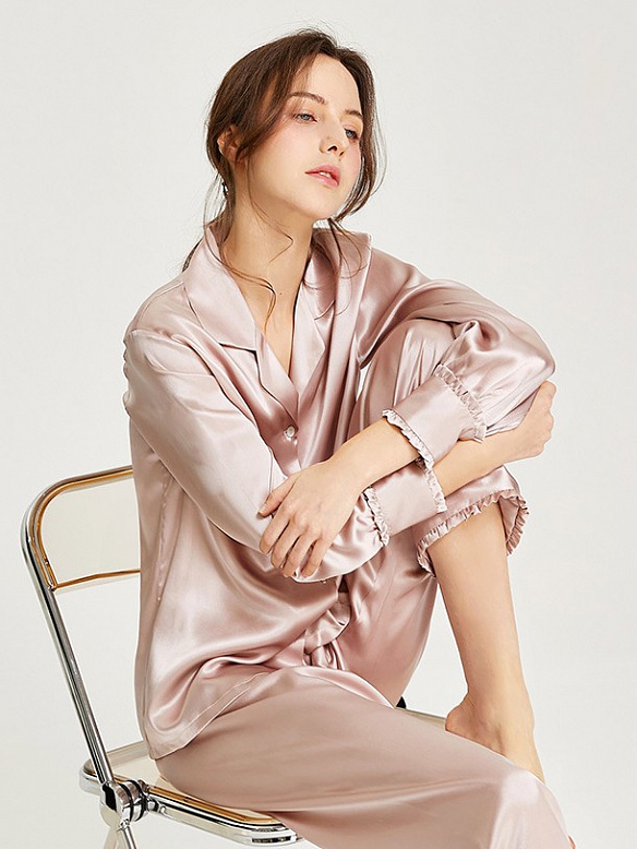 Langes Klassisches Pyjama-Set aus Seide für Damen Seide Schlafanzug A015