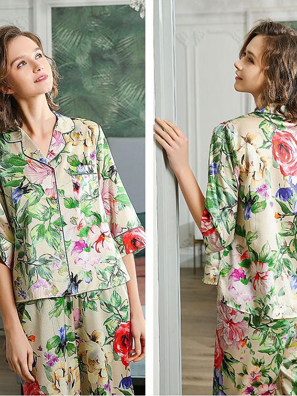 19 Momme Langes Geblümtes Pyjama-Set aus Seide für Damen Luxus Nachtwäsche aus Seide A003
