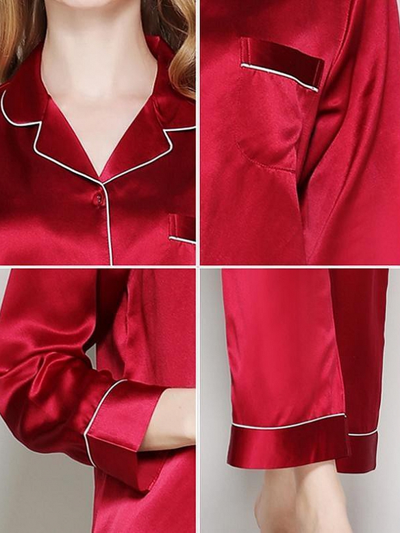 Langes Klassisches Pyjama-Set aus Seide für Damen Seidenpyjama Nachtwäsche aus Seide (mehrfarbig) A002