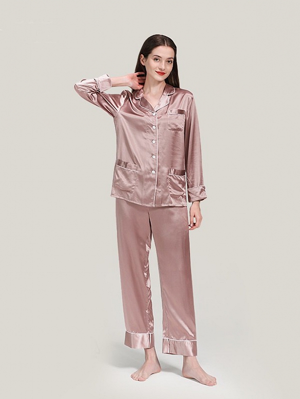 22 Momme Luxus Maulbeerseides Langes Pyjama Set für Damen Schlafanzug aus Seide A020