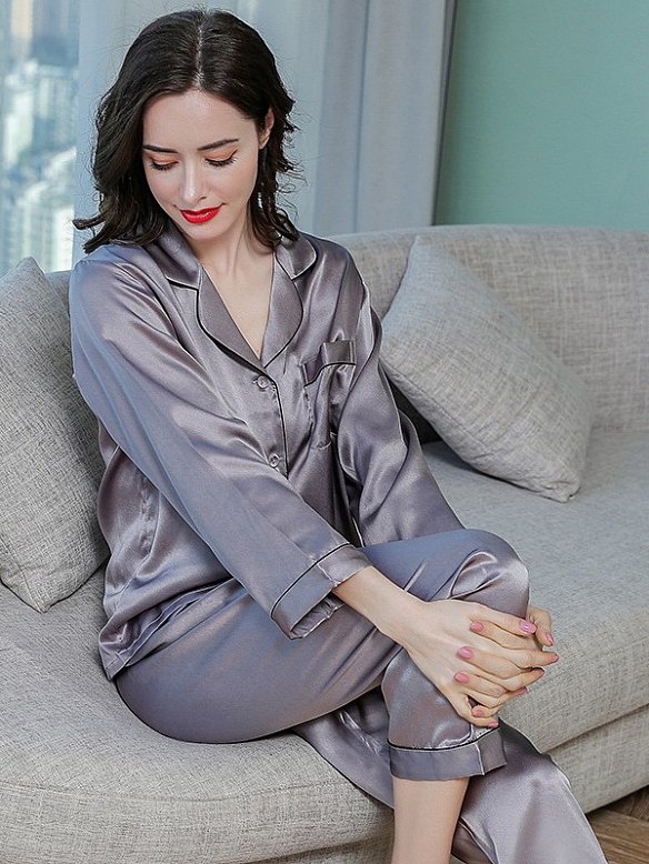 Langes Klassisches Pyjama Set aus Seide Maulbeerseide Schlafanzug für Damen A024