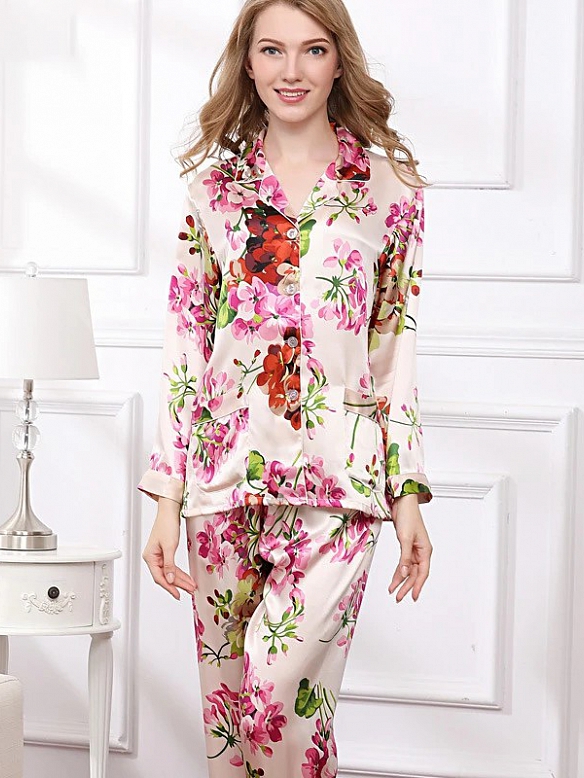 19 Momme Kurzes Geblümtes Pyjama-Set aus Seide für Damen Luxus Nachtwäsche aus Seide A009