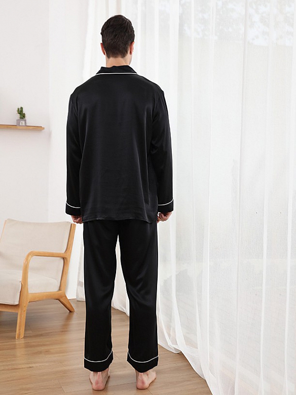 Langes Klassisches Pyjama Set aus Seide für Herren 19 Momme Maulbeerseide Pyjama E002
