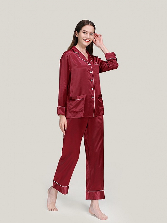 22 Momme Luxus Maulbeerseides Langes Pyjama Set für Damen Schlafanzug aus Seide A020