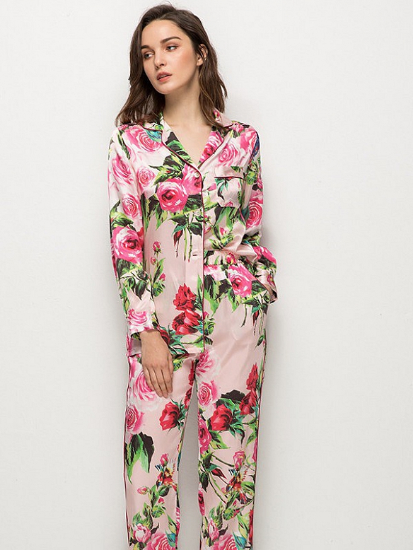Langes Geblümtes Pyjama Set aus Seide Luxus Seidenpyjama für Damen A017