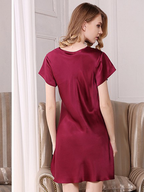Kurze Seide V-Ausschnitt Nachthemd mit Blumenmuster Spitze für Damen C001