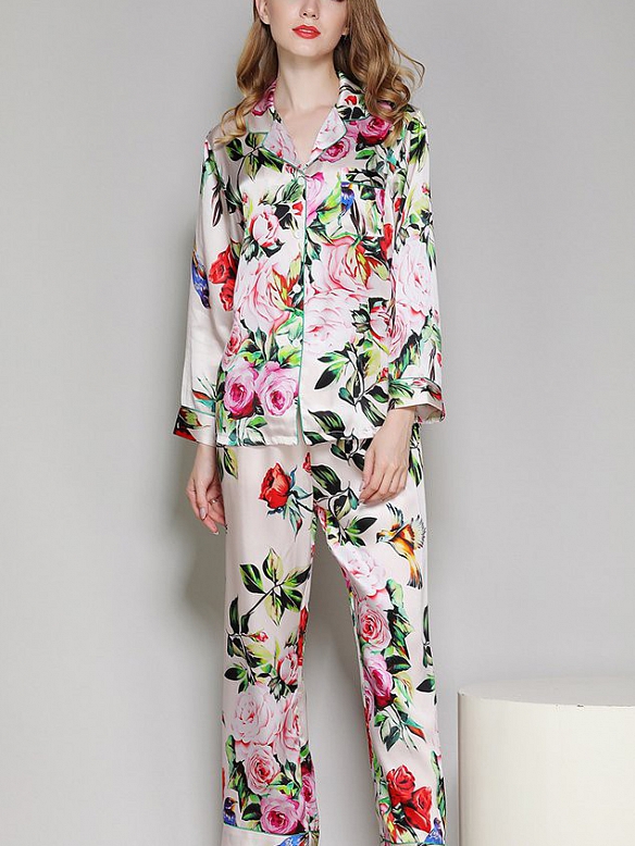 19 Momme Langes Geblümtes Pyjama-Set aus Seide für Damen Luxus Nachtwäsche aus Seide A006
