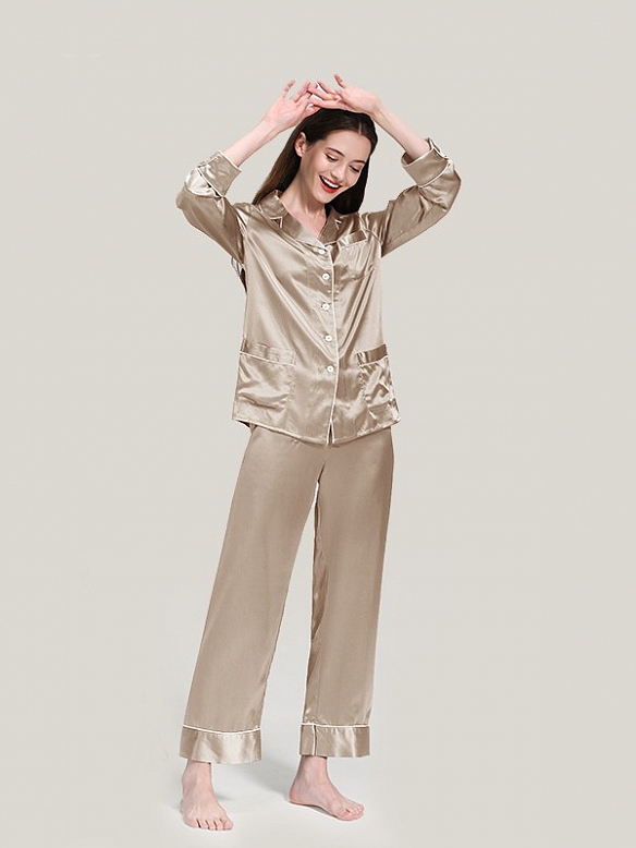 22 Momme Luxus Maulbeerseides Langes Pyjama Set für Damen Schlafanzug aus Seide A020