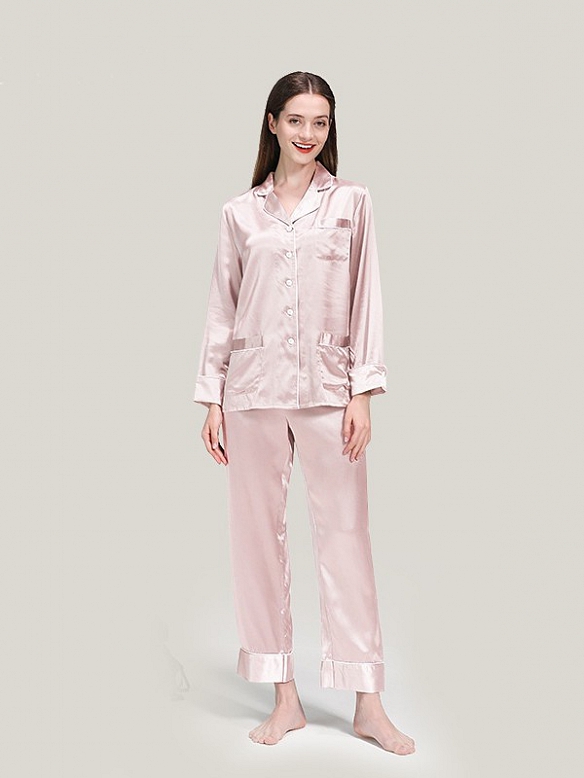 22 Momme Luxus Maulbeerseides Langes Pyjama Set für Damen Schlafanzug aus Seide A020