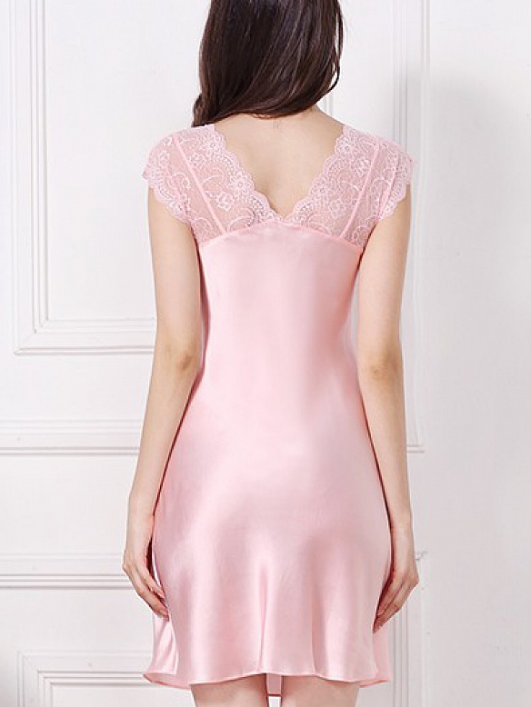 Knielanges V-Ausschnitt Nachthemd aus Seide mit Spitze für Damen C002