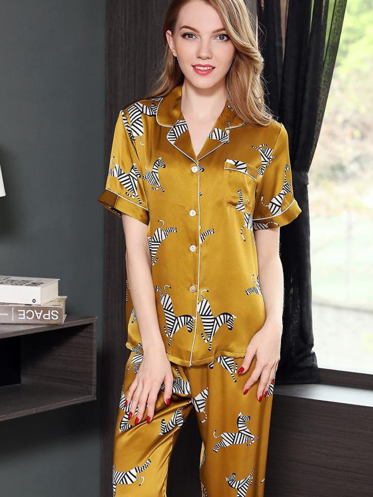 Kurzes Pyjamas-Set aus Seide mit Zebradruck für Damen Nachtwäsche aus