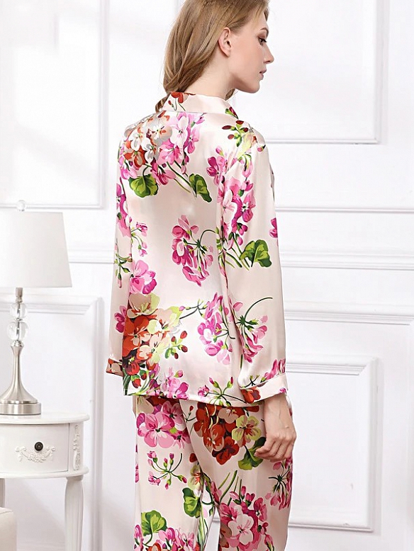 19 Momme Kurzes Geblümtes Pyjama-Set aus Seide für Damen Luxus Nachtwäsche aus Seide A009