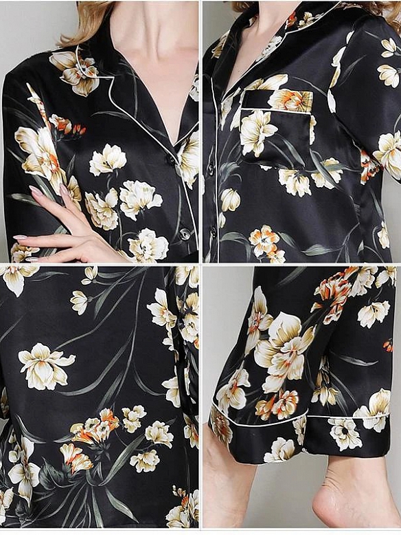 19 Momme Kurzes Geblümtes Pyjama-Set aus Seide für Damen Luxus Nachtwäsche aus Seide A009