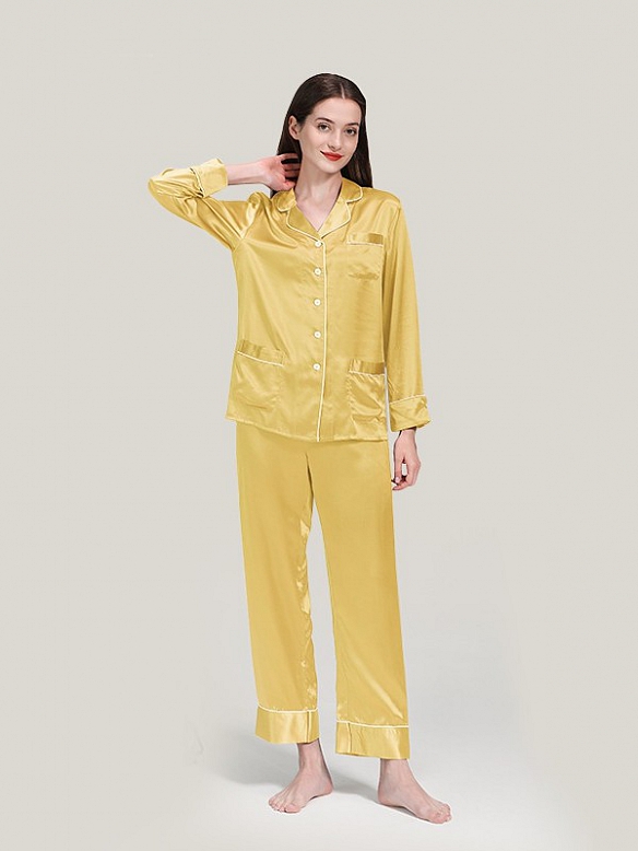 22 Momme Luxus Maulbeerseides Langes Pyjama Set für Damen Schlafanzug aus Seide A020
