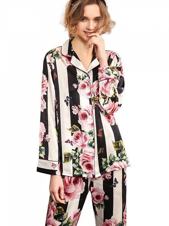 19 Momme Kurzes Geblümtes Pyjama-Set aus Seide für Damen Luxus Nachtwäsche aus Seide A009