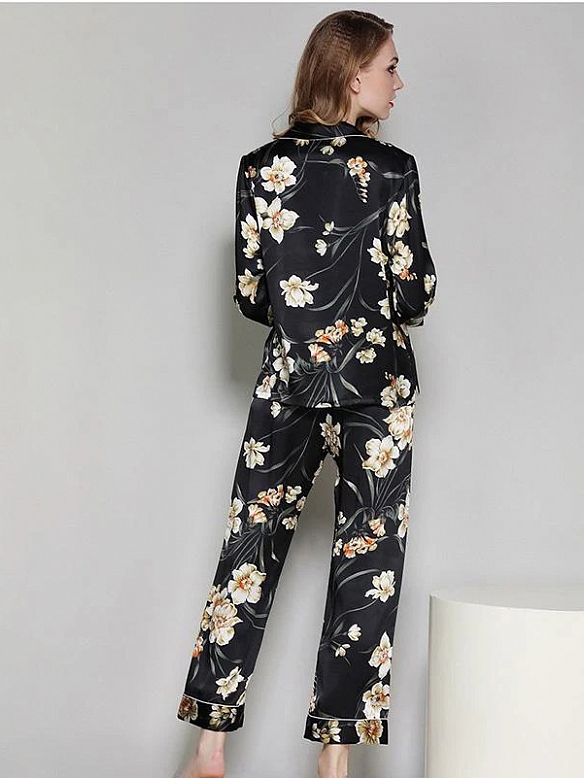 19 Momme Kurzes Geblümtes Pyjama-Set aus Seide für Damen Luxus Nachtwäsche aus Seide A009