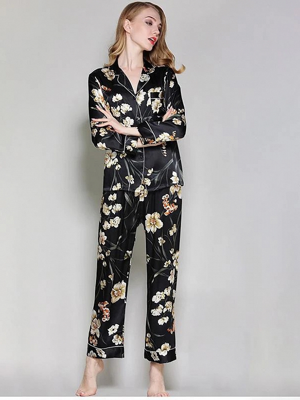 19 Momme Kurzes Geblümtes Pyjama-Set aus Seide für Damen Luxus Nachtwäsche aus Seide A009