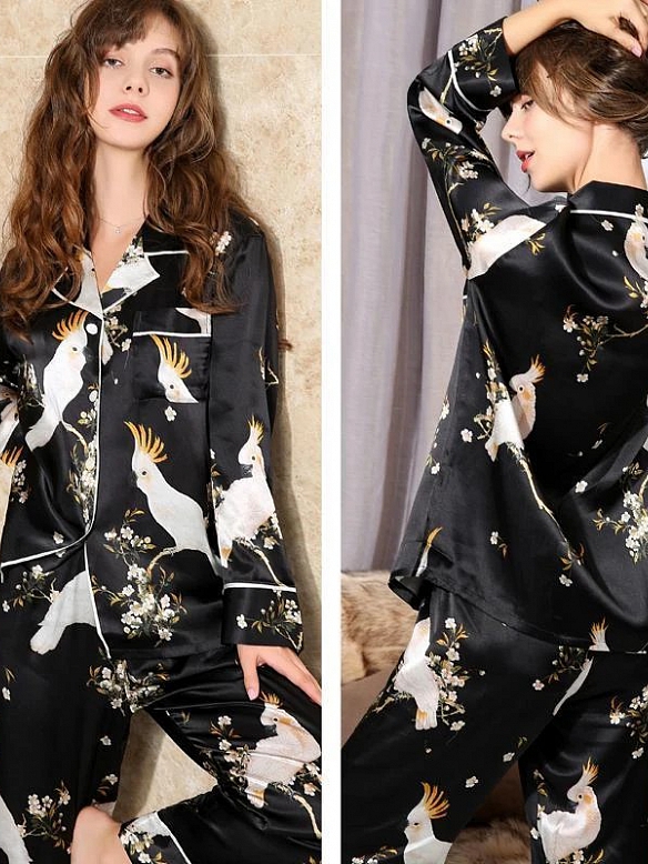 19 Momme Langes Gedrucktes Pyjama-Set aus Seide für Damen Lange Luxus Nachtwäsche aus Seide A008