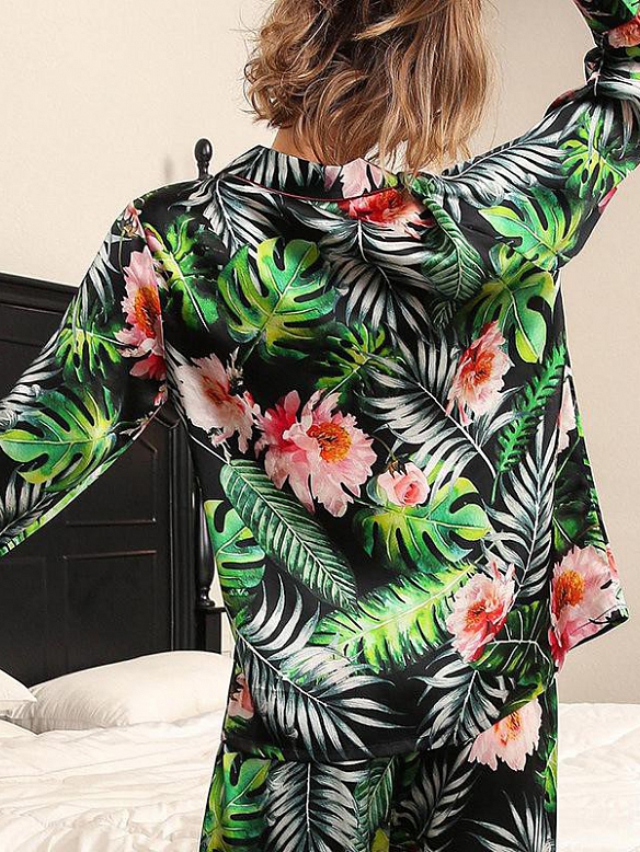 19 Momme Langes Geblümtes Pyjama-Set aus Seide für Damen Luxus Nachtwäsche aus Seide A006