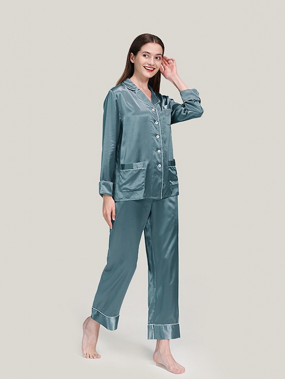 22 Momme Luxus Maulbeerseides Langes Pyjama Set für Damen Schlafanzug aus Seide A020