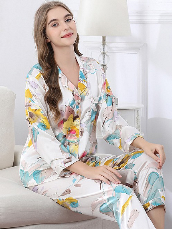 Luxus Langes Pyjama Set aus Seide Maulbeerseide Gemusterter Pyjama A022