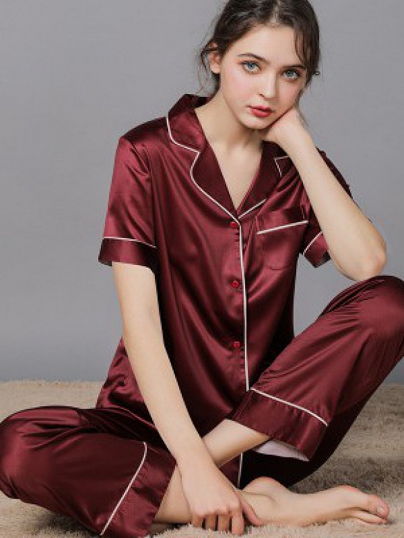 Klassisches Maulbeerseide Couple Pärchen Pyjama Set Schlafanzug aus Seide A019