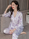 Luxus Langes Pyjama Set aus Seide Maulbeerseide Gemusterter Pyjama A022
