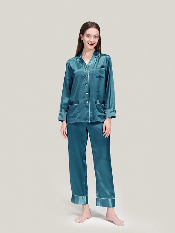 22 Momme Luxus Maulbeerseides Langes Pyjama Set für Damen Schlafanzug aus Seide A020