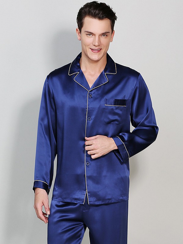 19 Momme Luxus Langes Pyjama-Set aus Seide für Herren Nachtwäsche aus Seide E001