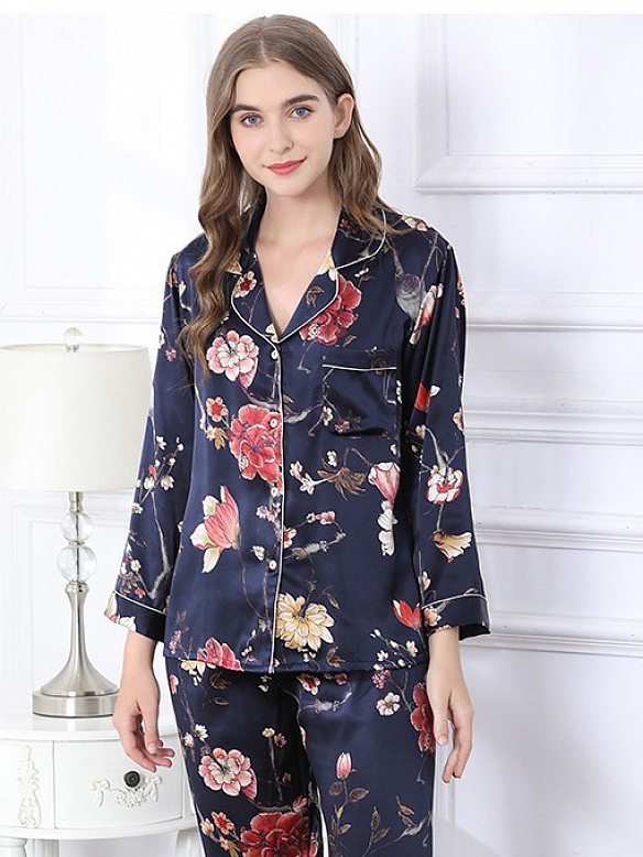 Luxus Langes Pyjama Set aus Seide Maulbeerseide Gemusterter Pyjama A022