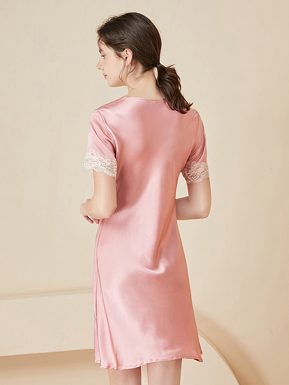 Kurzes Maulbeerseide Nachthemd mit Spitze für Damen Nachthemd aus Seide C003