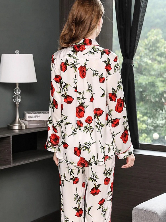 19 Momme Langes Geblümtes Pyjama-Set aus Seide für Damen Luxus Nachtwäsche aus Seide A010