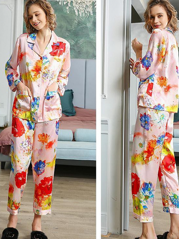 19 Momme Langes Geblümtes Pyjama-Set aus Seide für Damen Luxus Nachtwäsche aus Seide A003