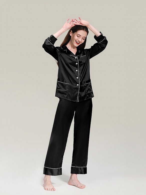 22 Momme Luxus Maulbeerseides Langes Pyjama Set für Damen Schlafanzug aus Seide A020