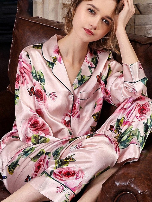 19 Momme Langes Geblümtes Pyjama-Set aus Seide für Damen Luxus Nachtwäsche aus Seide A010