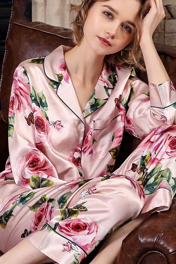 19 Momme Langes Geblümtes Pyjama Set Aus Seide Für Damen Luxus