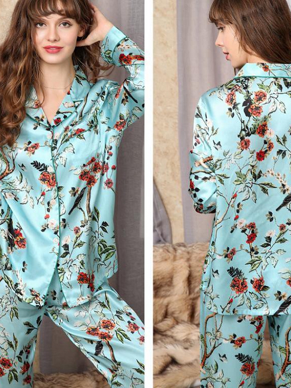 19 Momme Langes Geblümtes Pyjama-Set aus Seide für Damen Luxus Nachtwäsche aus Seide A006