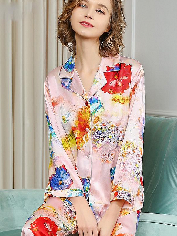 19 Momme Langes Geblümtes Pyjama-Set aus Seide für Damen Luxus Nachtwäsche aus Seide A003