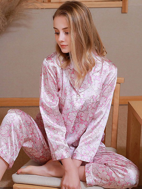 Luxus Langes Pyjama Set aus Seide Maulbeerseide Gemusterter Pyjama A022