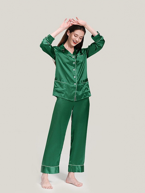 22 Momme Luxus Maulbeerseides Langes Pyjama Set für Damen Schlafanzug aus Seide A020