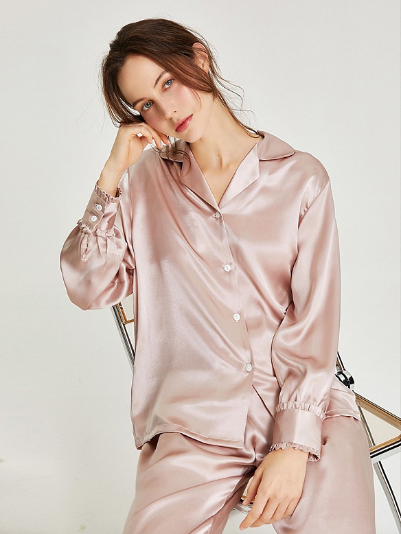 Langes Klassisches Pyjama-Set aus Seide für Damen Seide Schlafanzug A015