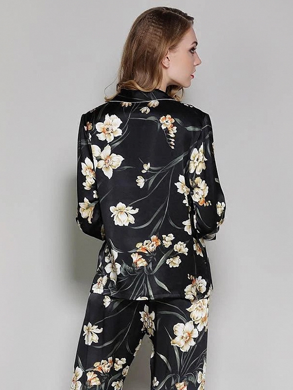 19 Momme Kurzes Geblümtes Pyjama-Set aus Seide für Damen Luxus Nachtwäsche aus Seide A009