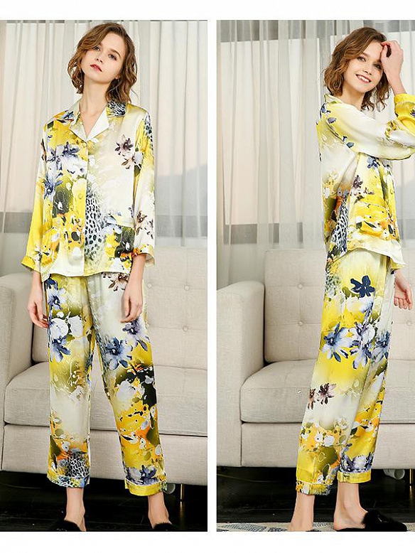 19 Momme Langes Geblümtes Pyjama-Set aus Seide für Damen Luxus Nachtwäsche aus Seide A003